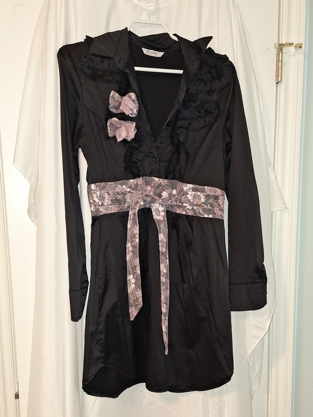 Black Long-Sleeve Ruffled Dress with Pink Floral Sash
